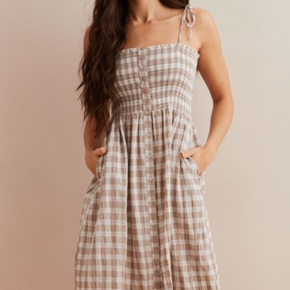 Aerie Neutral Smocked Plaid Dress Size S NWOT